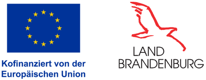 Flagge der Europäischen Union und Logo des Landes Brandenburg mit Text "Kofinanziert von der Europäischen Union".