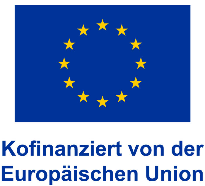 Flagge der Europäischen Union mit 12 gelben Sternen und dem Text "Kofinanziert von der Europäischen Union".